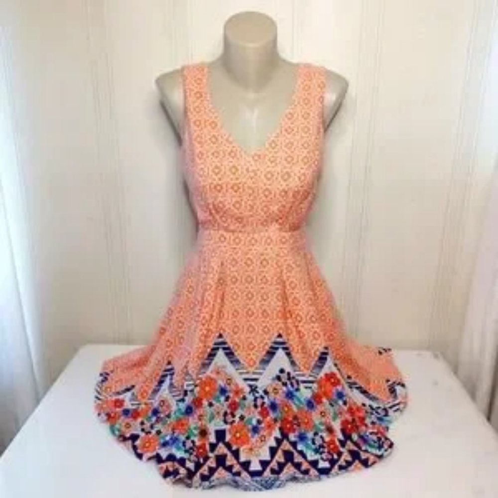 Anthropologie‎ Ark & Co Orange Print & Floral V Neck Sleeveless Dress Sz M - EUC